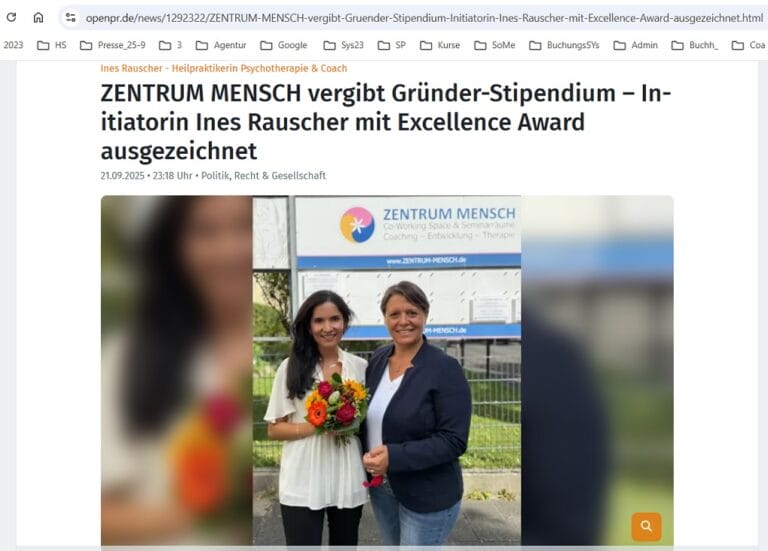 ZENTRUM MENSCH vergibt Gründer-Stipendium – Initiatorin Ines Rauscher mit Excellence Award ausgezeichnet